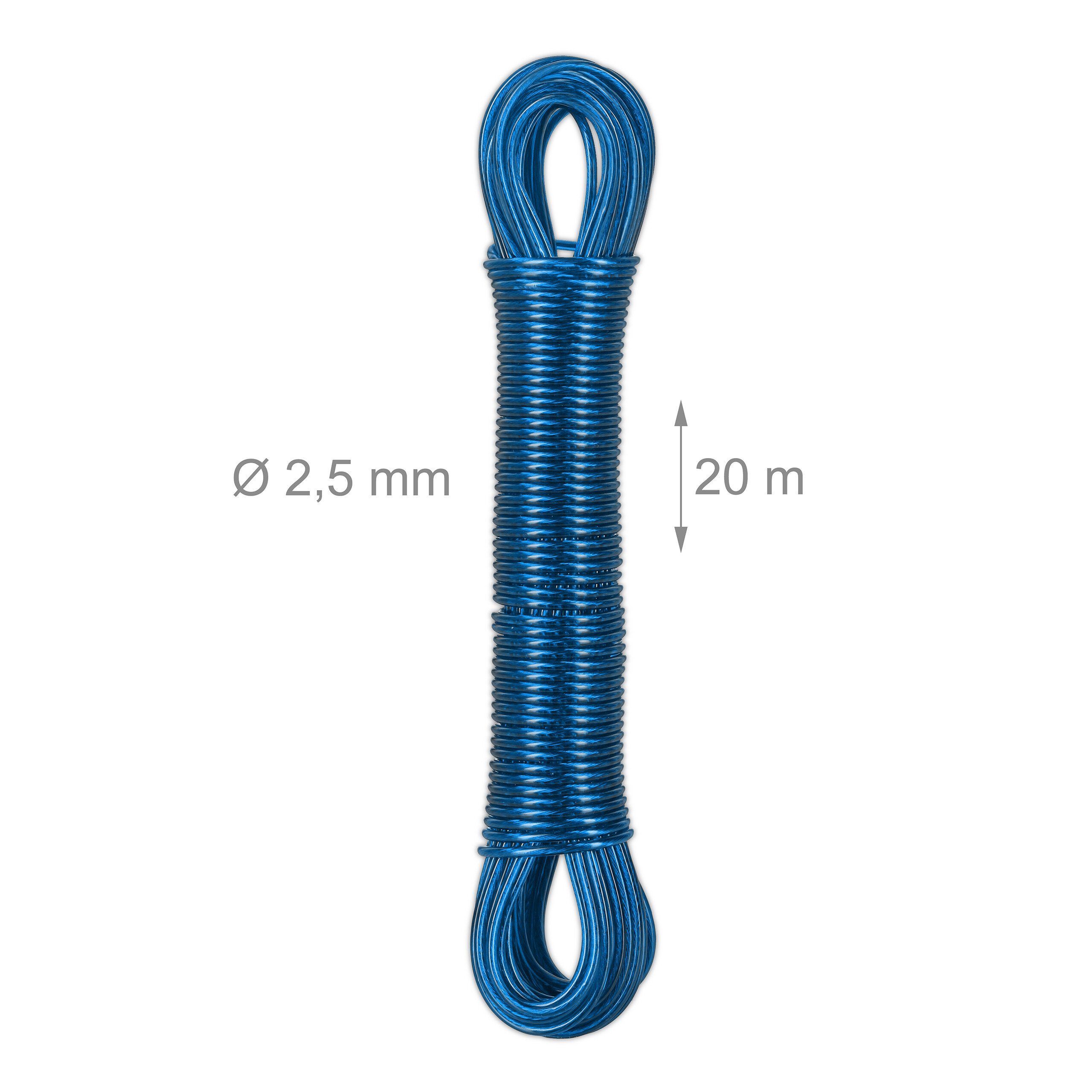 relaxdays Wand-Wäscheleine Wäscheleine mit Stahldraht 3 x 20m, Blau