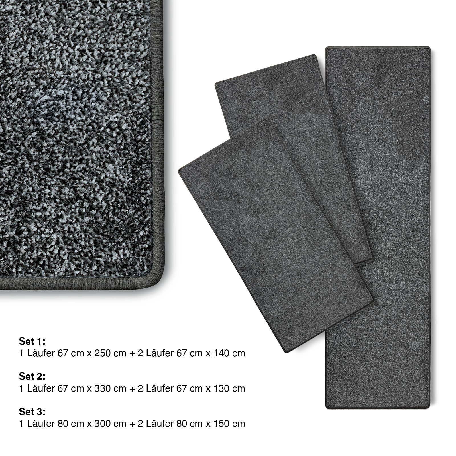 Hochflor-Bettumrandung Lyon Grau 77, 3 Größen, Teppichläufer, ideal im Schlafzimmer Floordirekt, Höhe 10 mm, (3-tlg), Velours