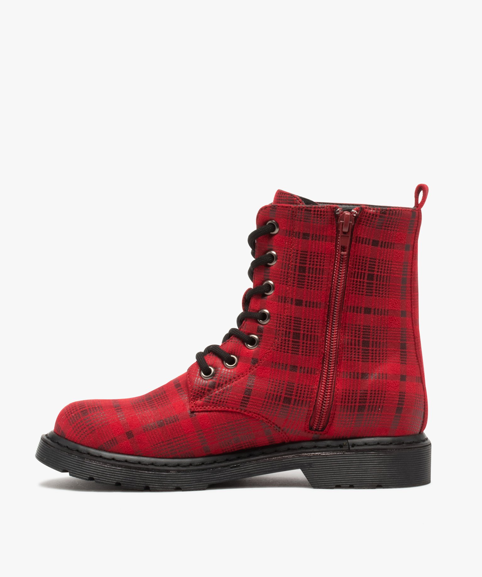 Boots femme rangers à semelle crantée et dessus fantaisie rouge | GEMO