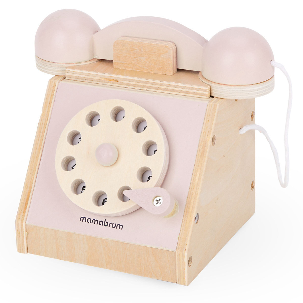 Retro-Telefon aus Holz – Pastellrosa, mobiles Zifferblatt, Pastellfarben, Headset mit dem Telefon verbunden