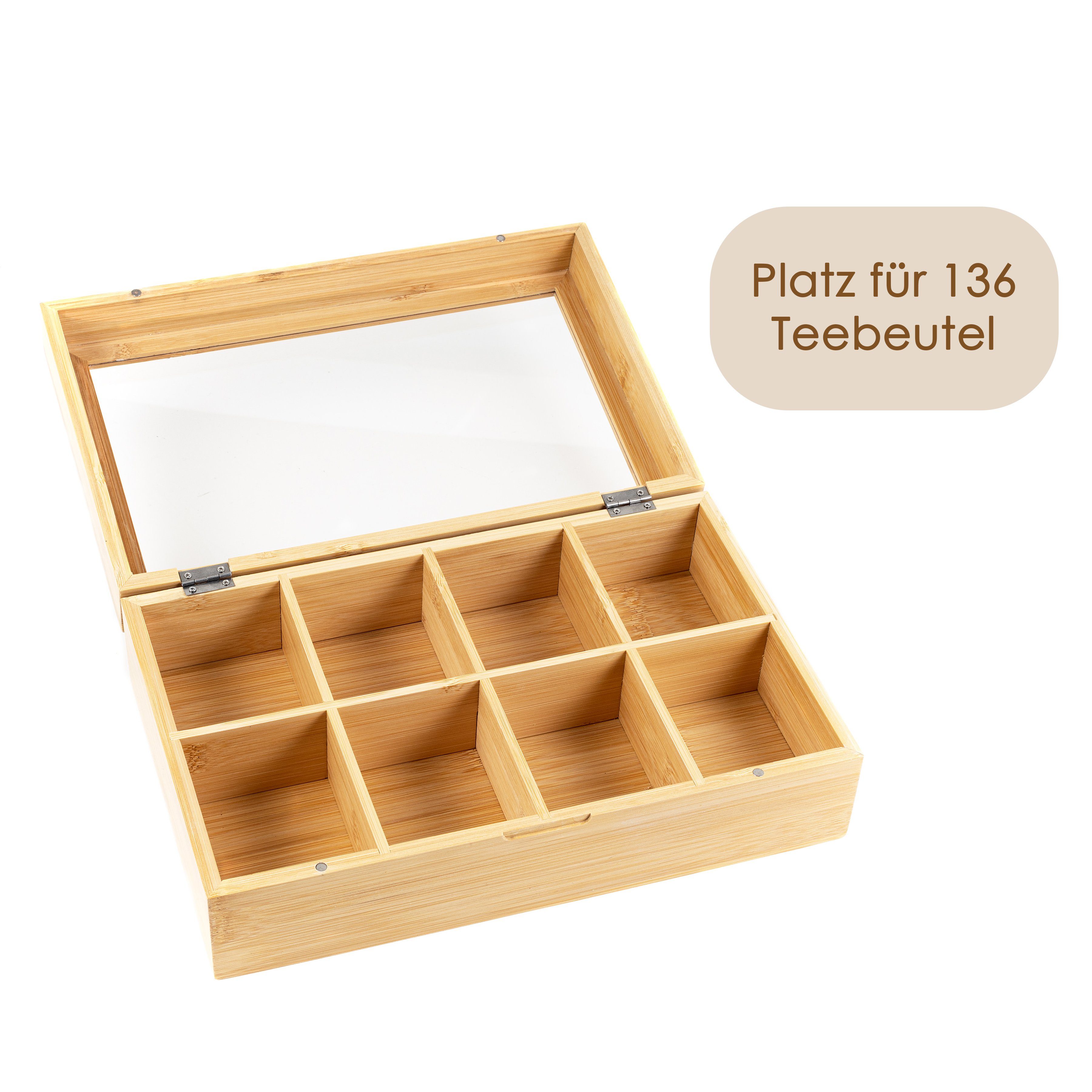 Hanseküche Teebox Premium Teebox – FSC®-zertifiziert, Bambus, (Teebox, 1-tlg., mit 8 Fächern), Deckel mit Sichtfenster, Platzsparendes Format für 136 Teebeutel