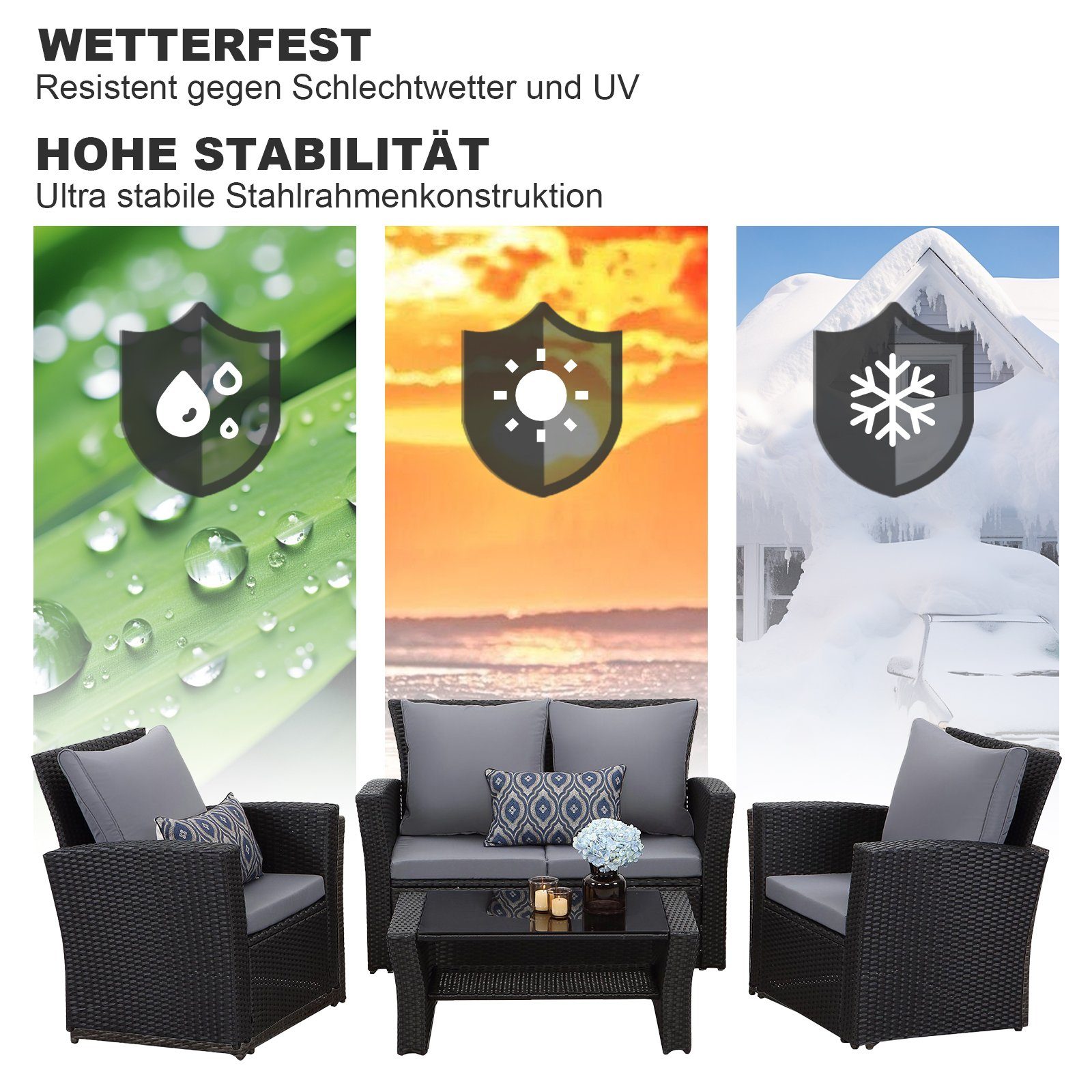 MeXo von GLP HOME Balkonset Balkongarnitur Gartenmöbel Set Polyrattan Wetterfest für 3-4 Personen, (Balkongarnitur Kleiner Balkon Sitzgruppe, Balkonset, Sitzgarnitur mit Kissen), Gartengarnitur für Lounge Klein Terrasse Garten Indoor Outdoor