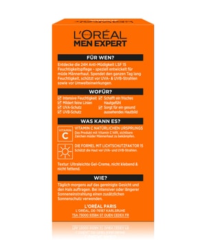 L'Oréal Men Expert Hydra Energy 24H Anti-Müdigkeit Feuchtigkeitspflege mit LSF15 Gesichtscreme-50 ml