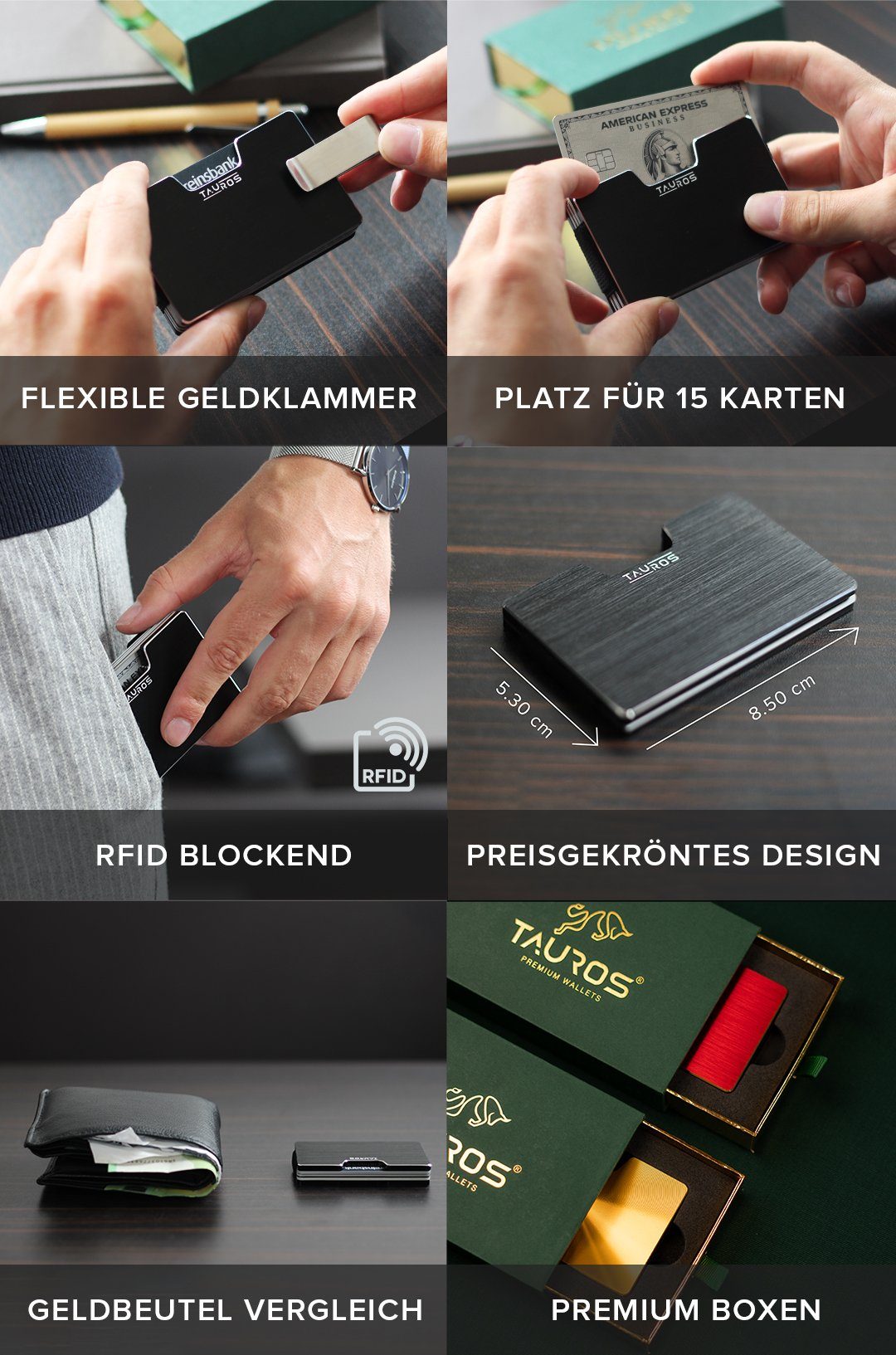 TAUROS Mini Geldbörse Geldbeutel, Portemonnaie, Kreditkartenhalter, Kartenetui Männer Frauen (Aluminium), Kreditkartenetui