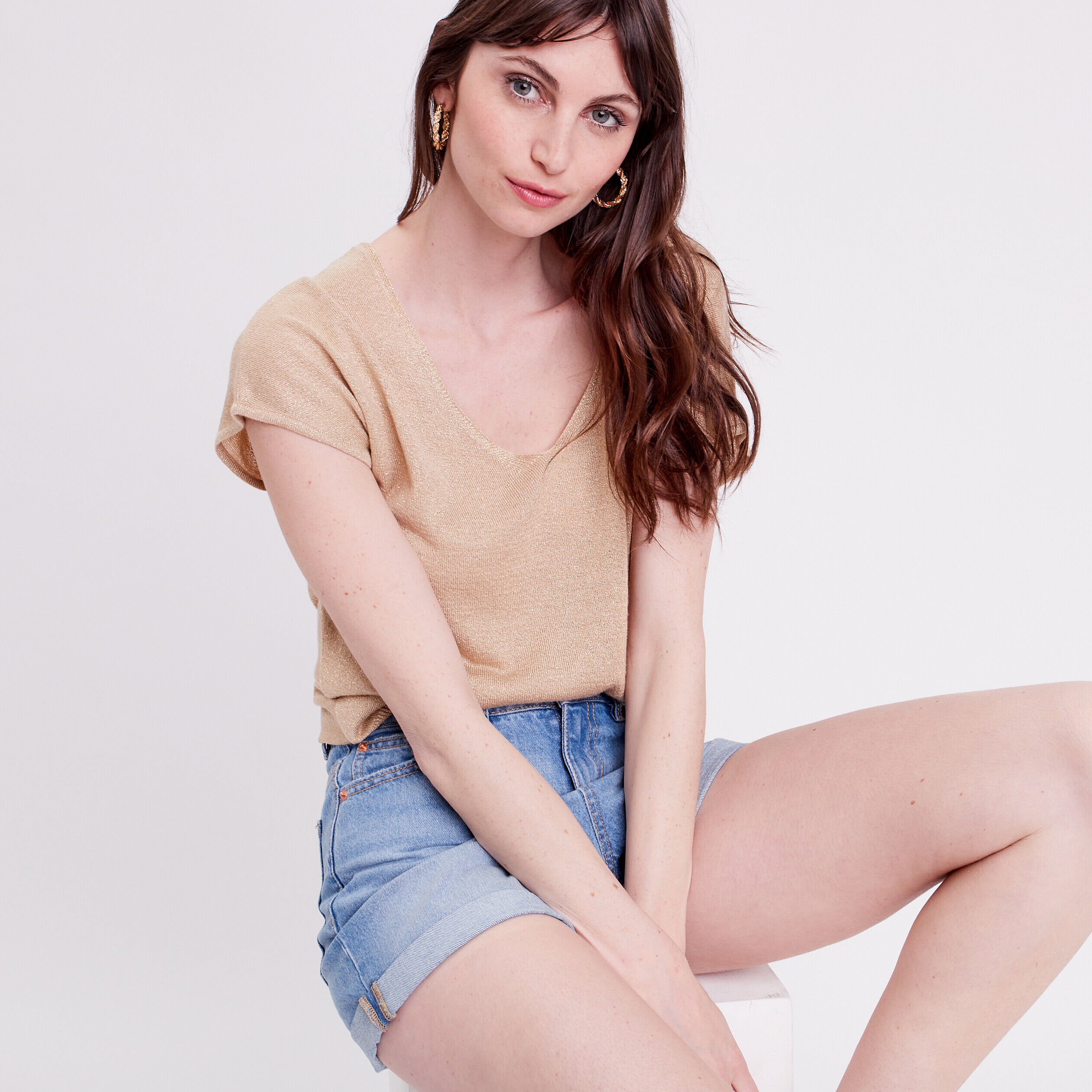 Pull col en V dos ouvert sable femme | Cache Cache