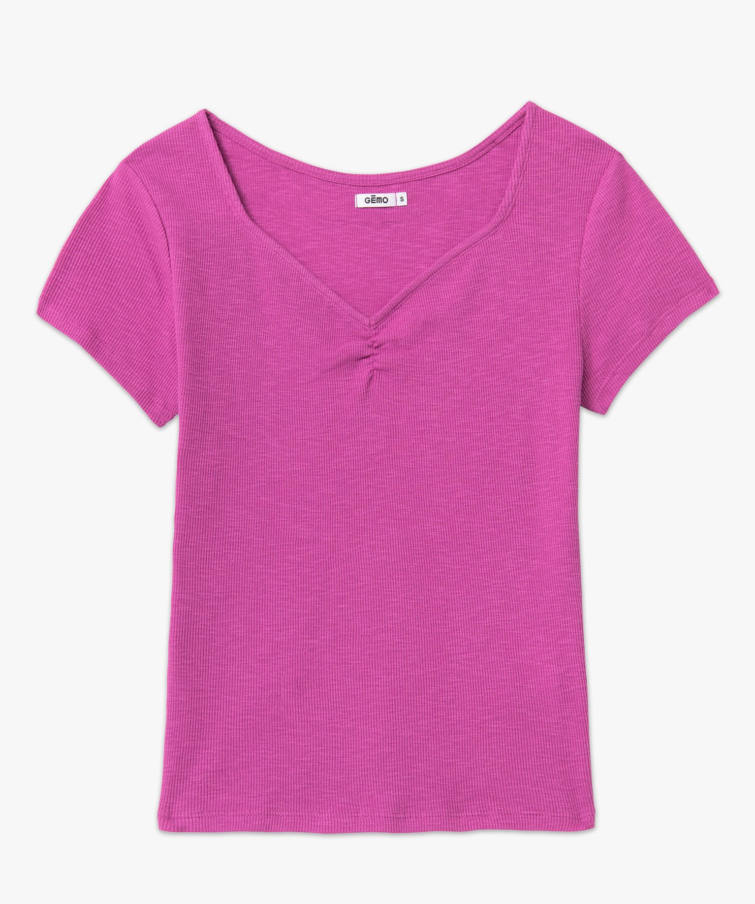 Tee-shirt femme en maille ctelée avec col V froncé violet | GEMO