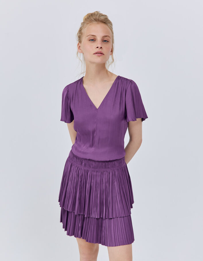 Robe courte violet à volants micro-plissée Femme