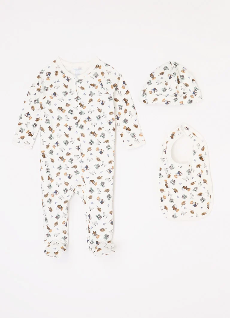 Set pentru copii Ralph Lauren format din căciulă și bavetă, 3 piese, ambalat într-o cutie cadou.