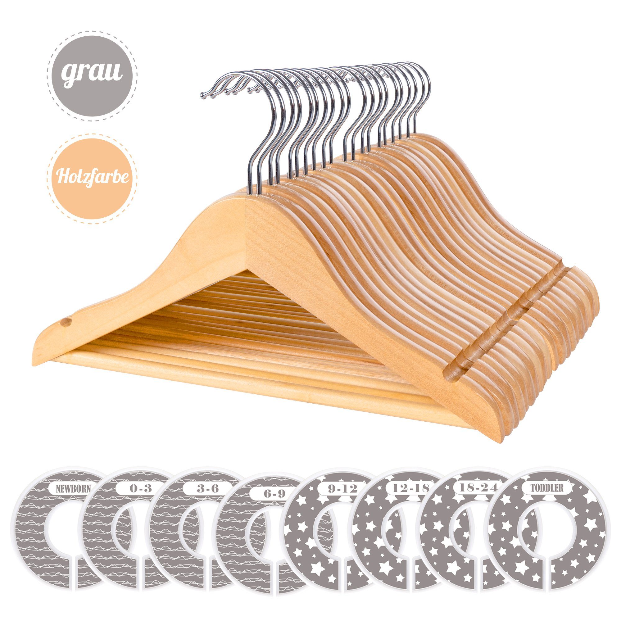 Homewit Kleiderbügel Baby Kinderkleiderbügel aus Holz mit Hosensteg und 8 Kleidungsteiler, (Set, 20-tlg), Mit 360° drehbarer Haken und Einschnitt für Baby & Kinderkleidung