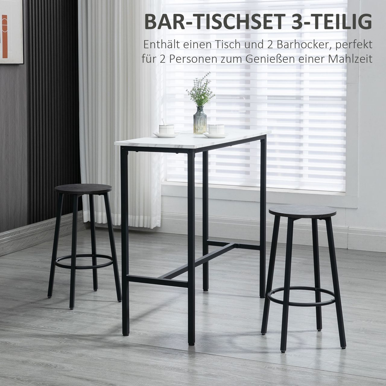 HOMCOM Bartisch mit Barhocker Set, 3-TLG. Bartisch Set, Esstisch mit 2 Barhocker