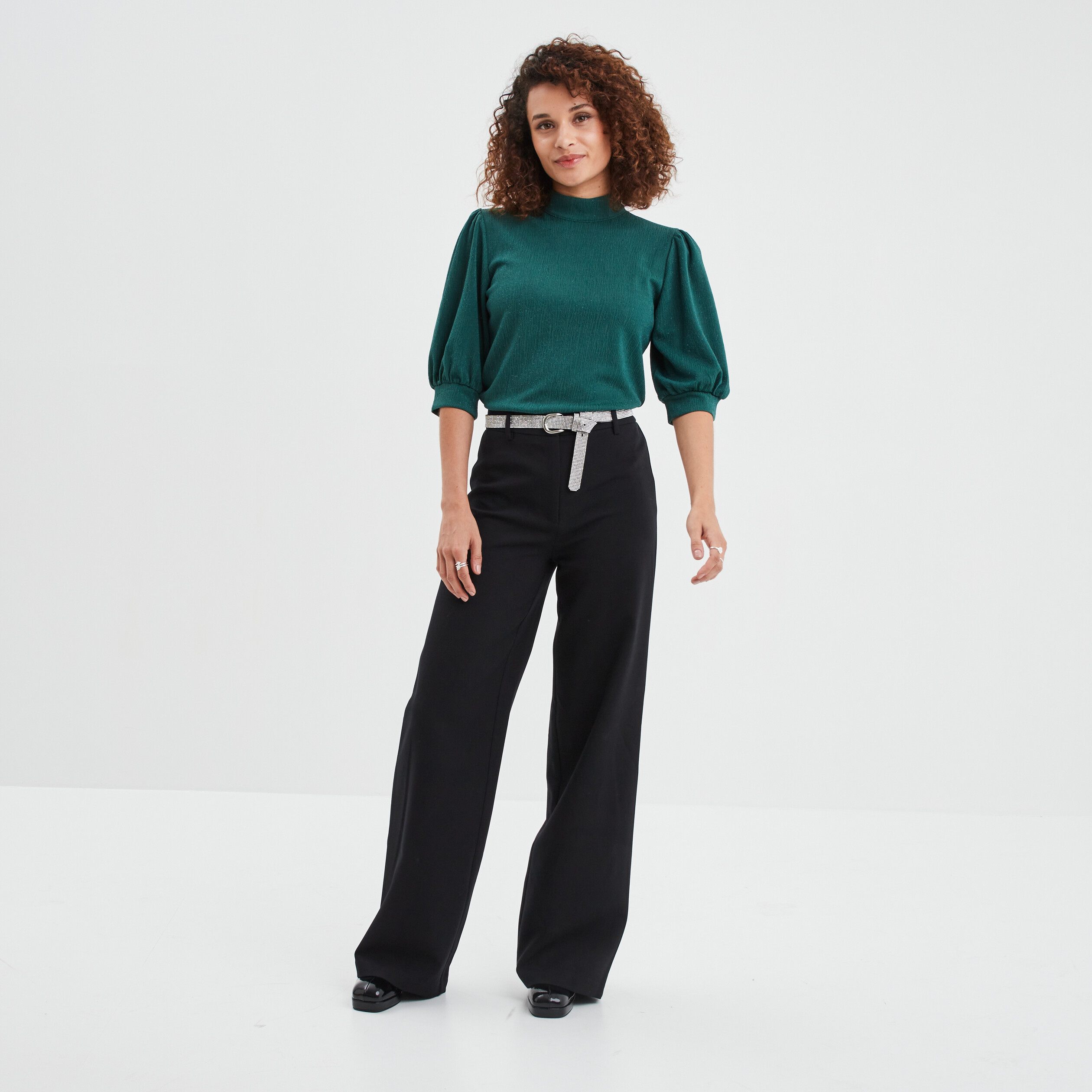 T-shirt col montant manches ballons vert foncé femme | La Halle