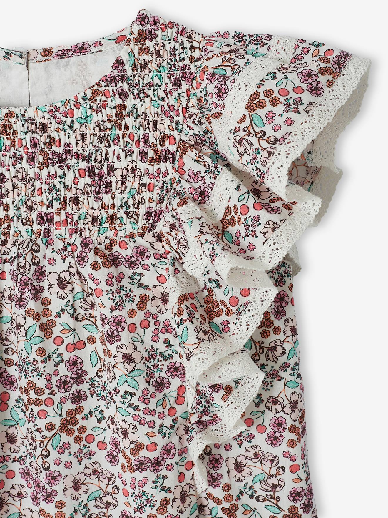 Robe motifs fleurs de cerisier fille manches volantées écru