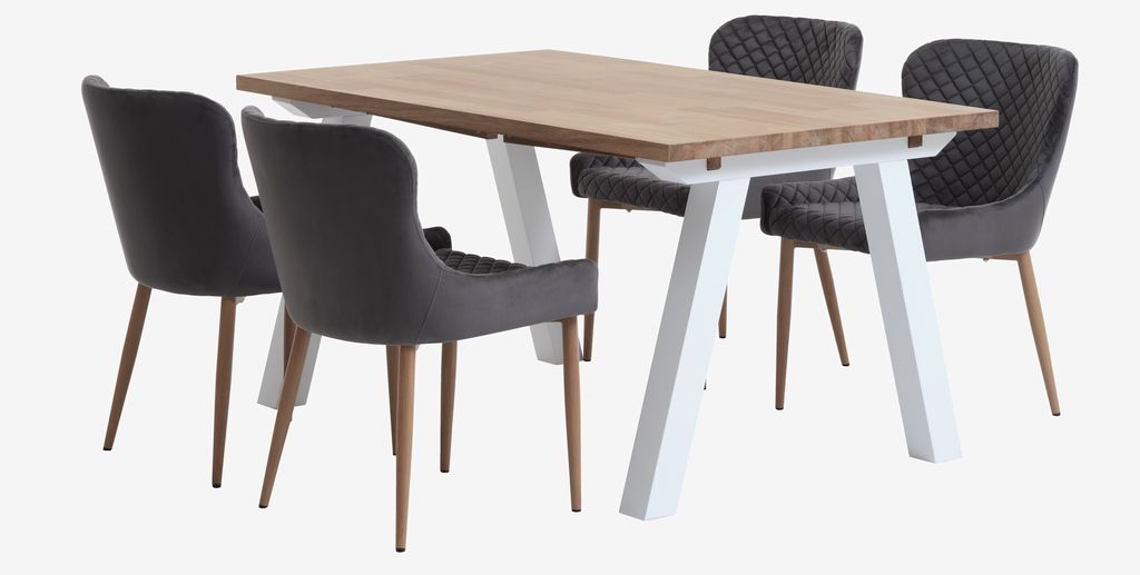 SKAGEN PEBRINGE SKAGEN L150 stół biały/dąb 4 PEBRINGE krzesło szary aksamit