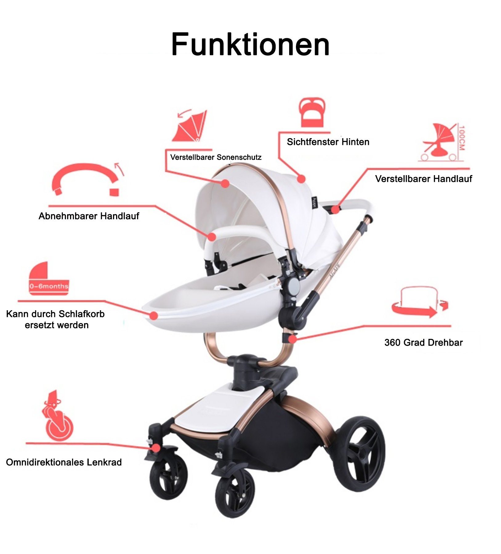 TPFLiving Kombi-Kinderwagen Babyschale Baby, Buggy Babywanne Kinderwagen 3 in 1 inkl. Stauraum Kunstleder Schwarz