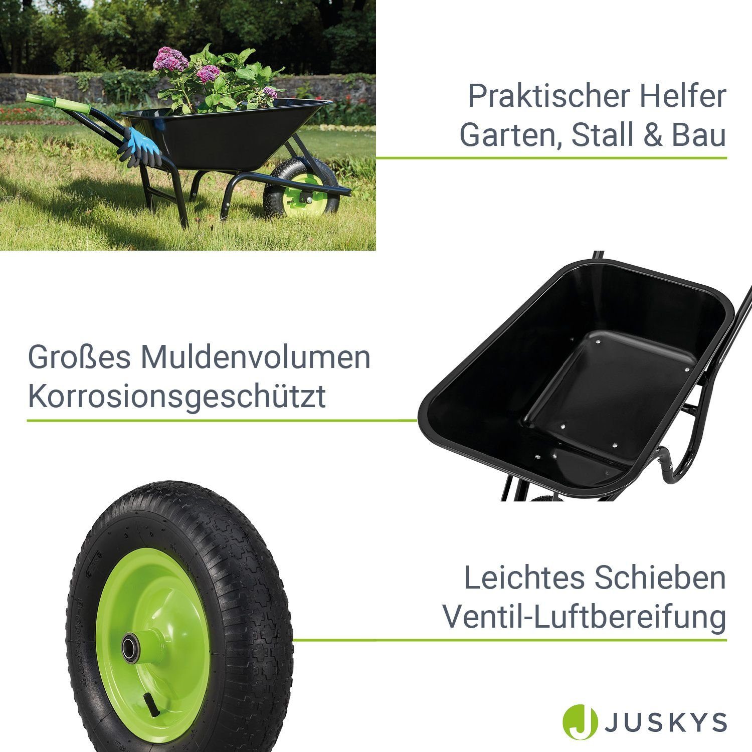 Juskys Schubkarre Garden, 100L, bis 210 kg, Luftreifen, verzinkte Wanne, inkl. Handschuhe