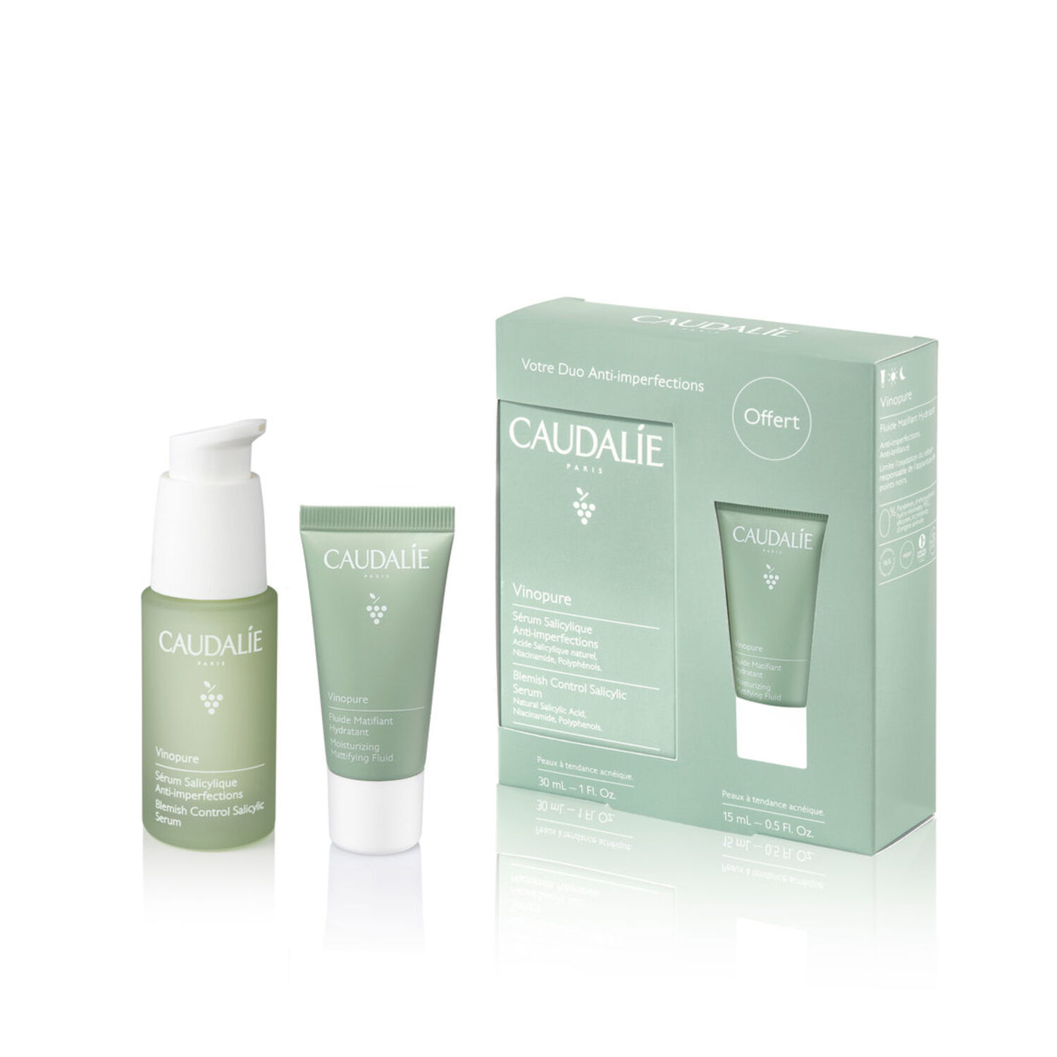 Caudalie Vinopure Coffret Sérum Salicylique Anti-imperfections 30 ml + Fluide Matifiant Hydratant 15 ml