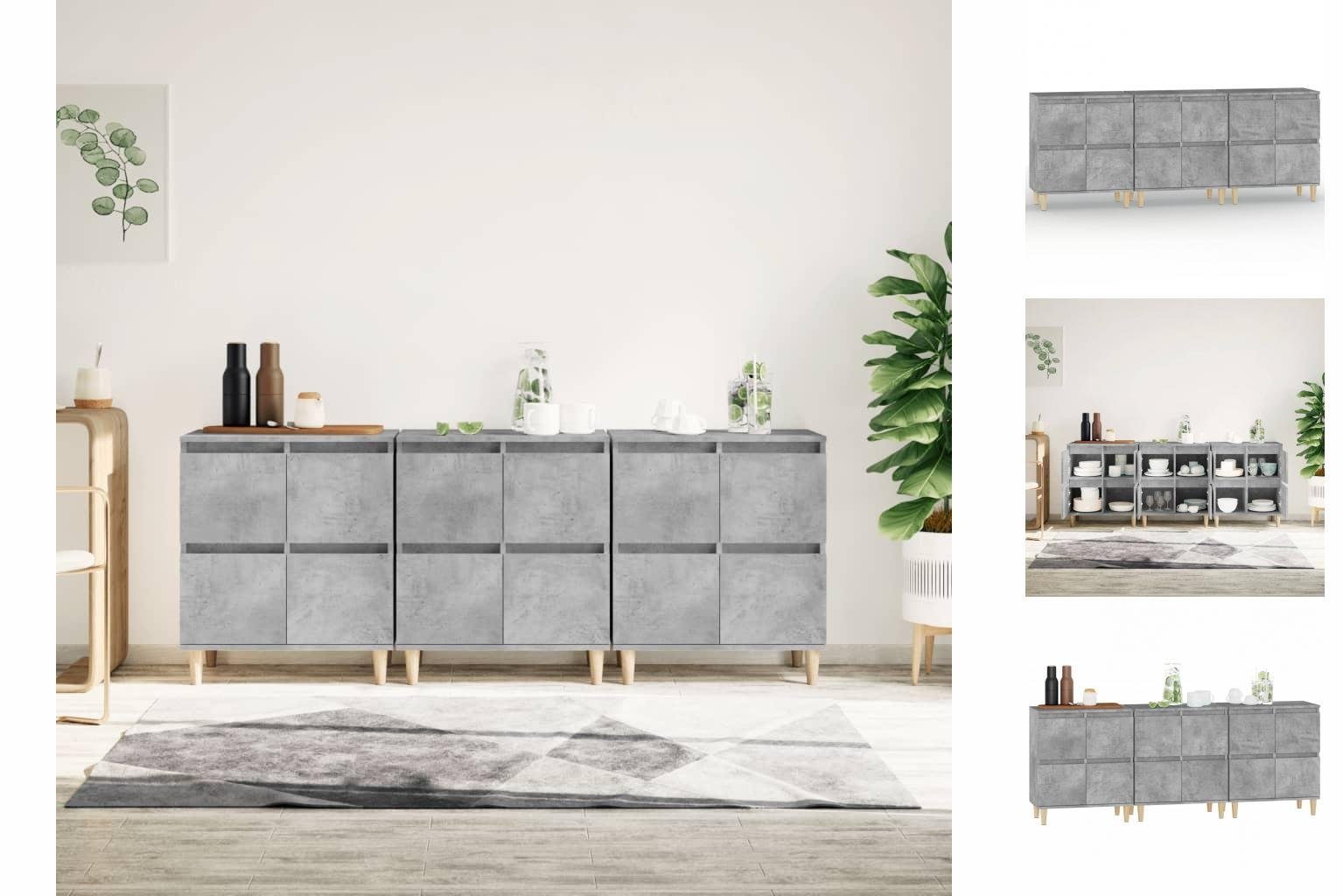 vidaXL Anrichte Sideboards 3 Stk Betongrau 60x35x70 cm Holzwerkstoff Kommode
