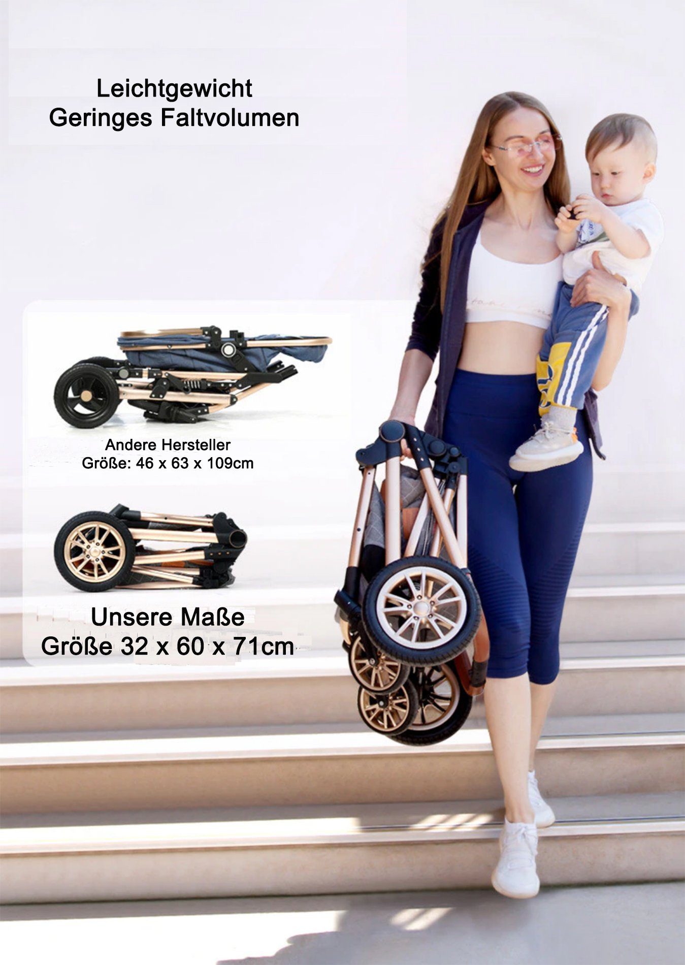 TPFLiving Kombi-Kinderwagen Babyschale Baby Buggy Babywanne Windeltasche, Moskitonetz Regenschutz Kinderwagen 3 in 1 inkl. Zubehörset Hellgrau