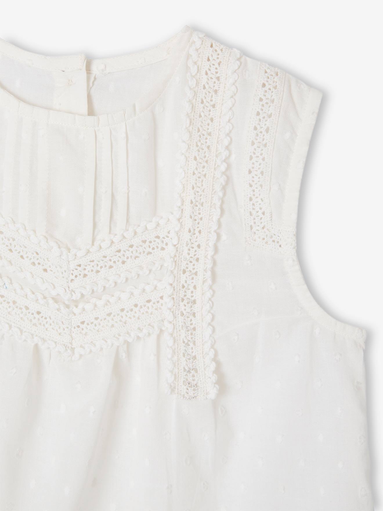 Blouse sans manches détails fantaisie fille écru