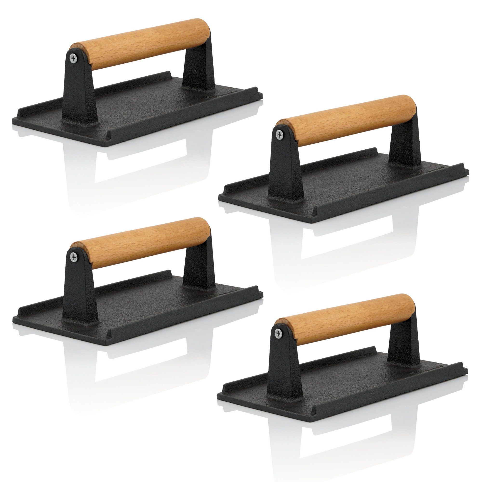 BBQ-Toro Burgerpresse 4er Set Gusseisen Fleischbeschwerer, 1 kg Grillgewicht mit Holzgriff (4 St), Gusseisen