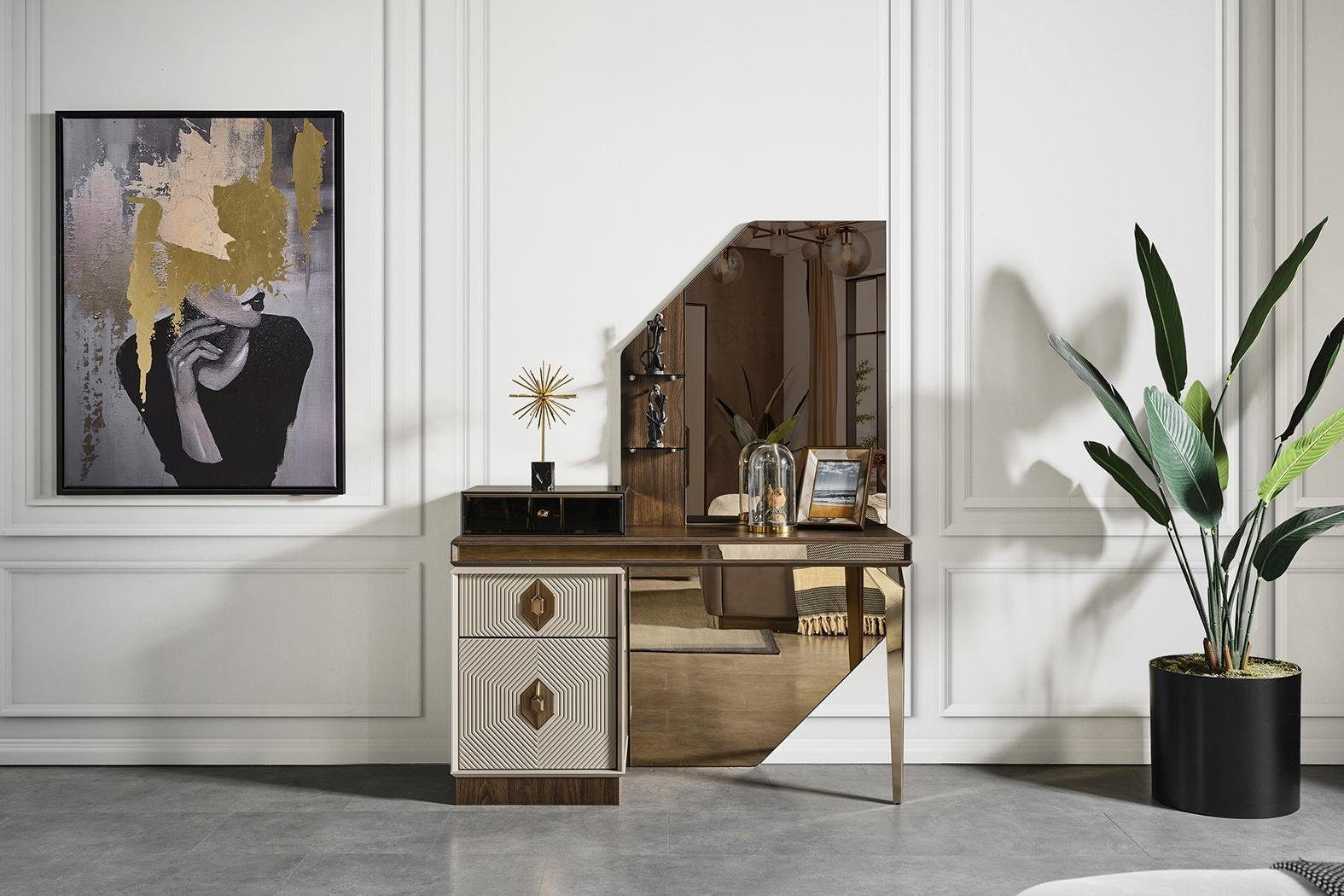 JVmoebel Schlafzimmer-Set Schlafzimmergarnitur Designer Bett 2x Nachttische Schminktisch, (5-St., Bett, 2x Nachttische, Schminktisch mit Spiegel), Made in Europa