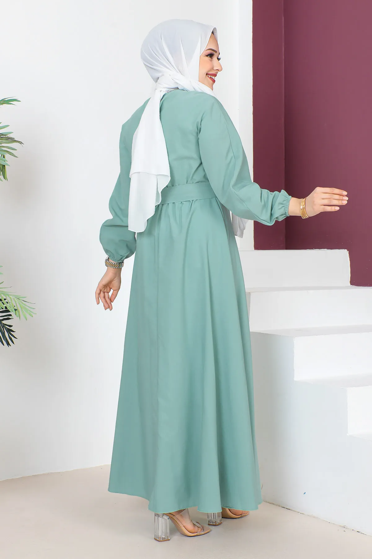Tesettür Dünyası  Kleid mit Taillengürtel TSD230611 Mintgrün