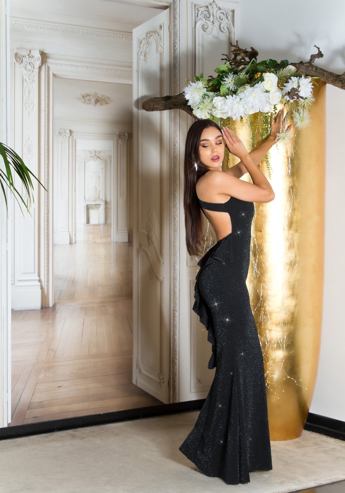 Koucla Abendkleid glitzerndes Maxikleid Partykleid mit Schößchen und offenem Rücken