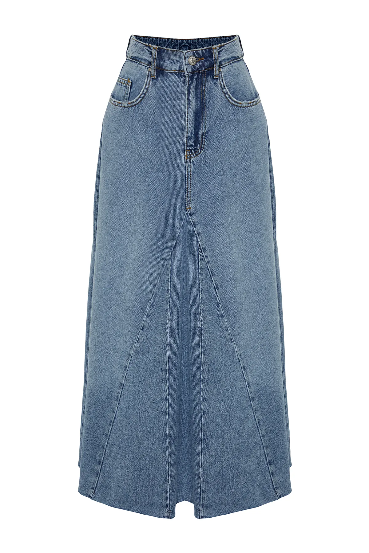 Trendyol Collection  Blauer Volant-Näh-detaillierter Maxi-Jeansrock mit hoher Taille TWOSS24ET00012