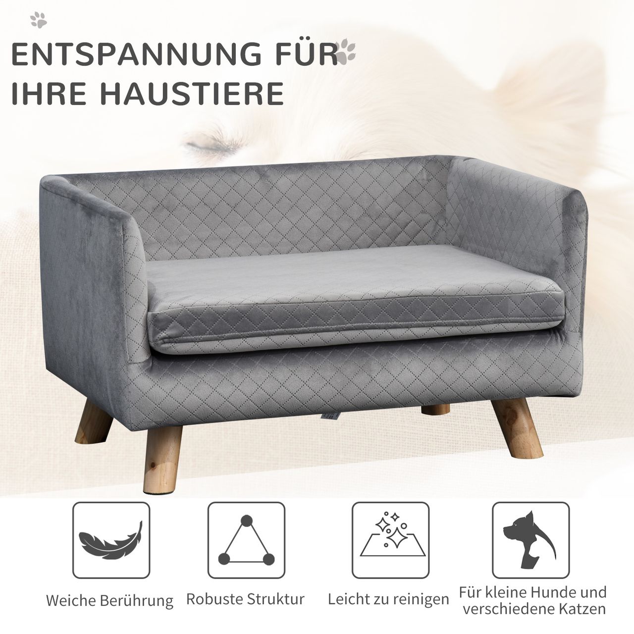 PawHut Hundesofa mit Holzbeinen Hundebett für kleine Hunde bis zu 8 kg Grau