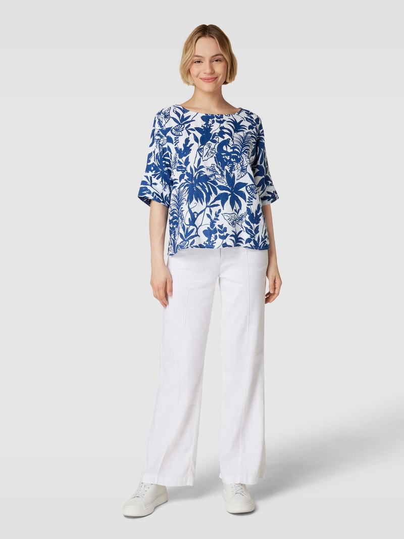 Blusenshirt aus Leinen mit Allover-Motiv-Print in marineblau