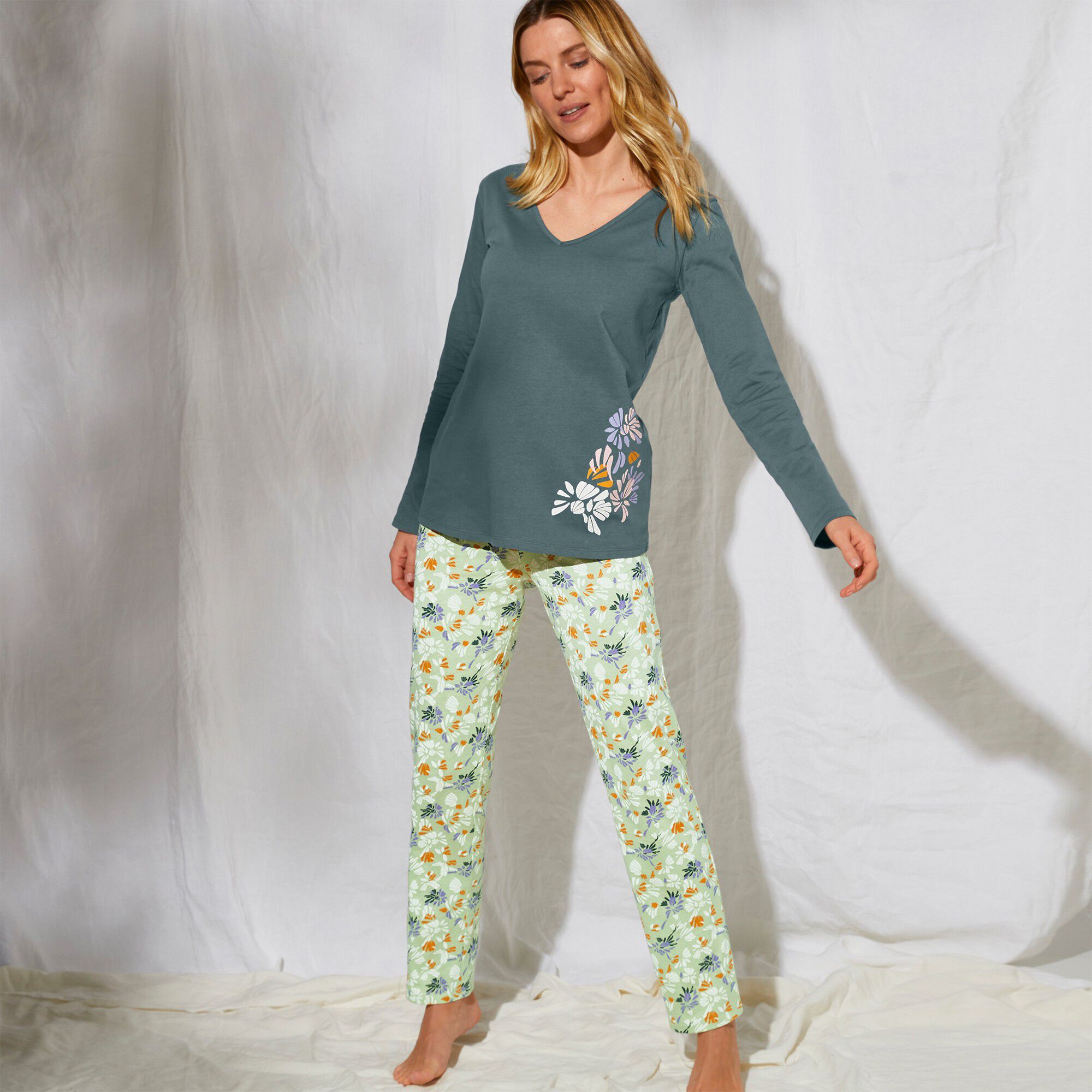 Tee-shirt pyjama manches longues imprimé placé 