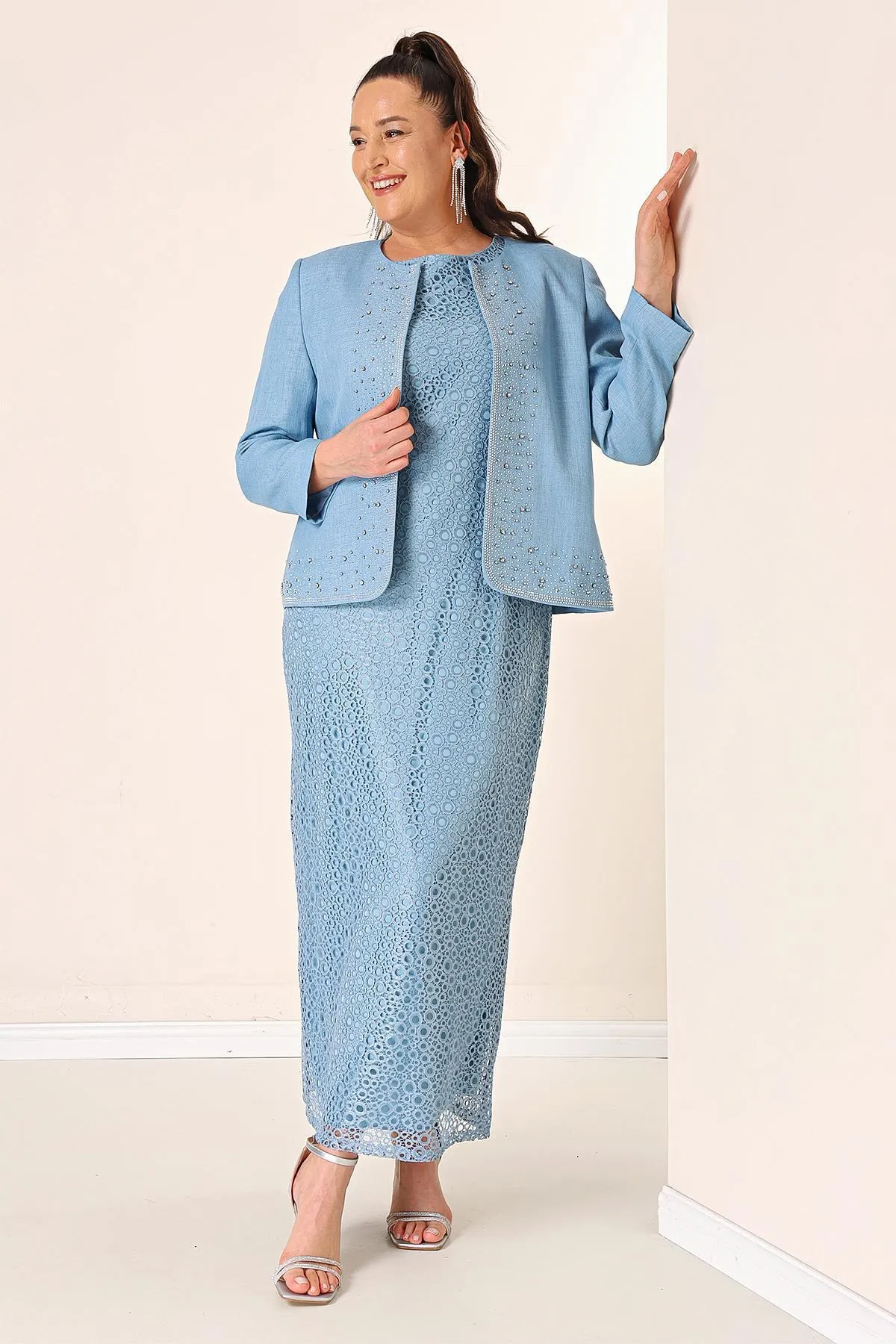 By Saygı  Ärmelloses Gülpür-Kleid, steinfarbene, detaillierte Kreppjacke, gefüttert, große Größe, 2-teiliges Set