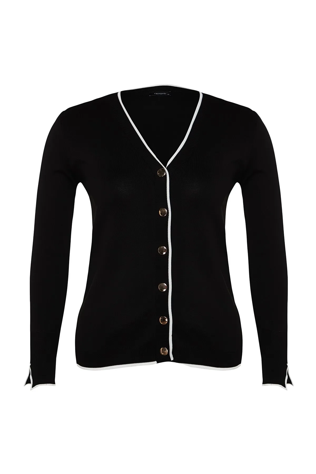 Trendyol Curve  Gestreifter Strick-Cardigan mit schwarzen Goldknöpfen und detaillierten Knöpfen TBBAW24AV00014