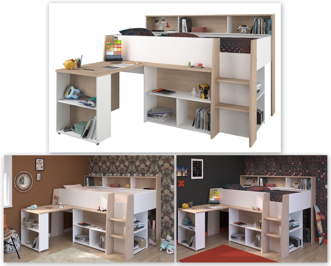 Parisot Hochbett Lucas mit ausziehbaren Schreibtisch