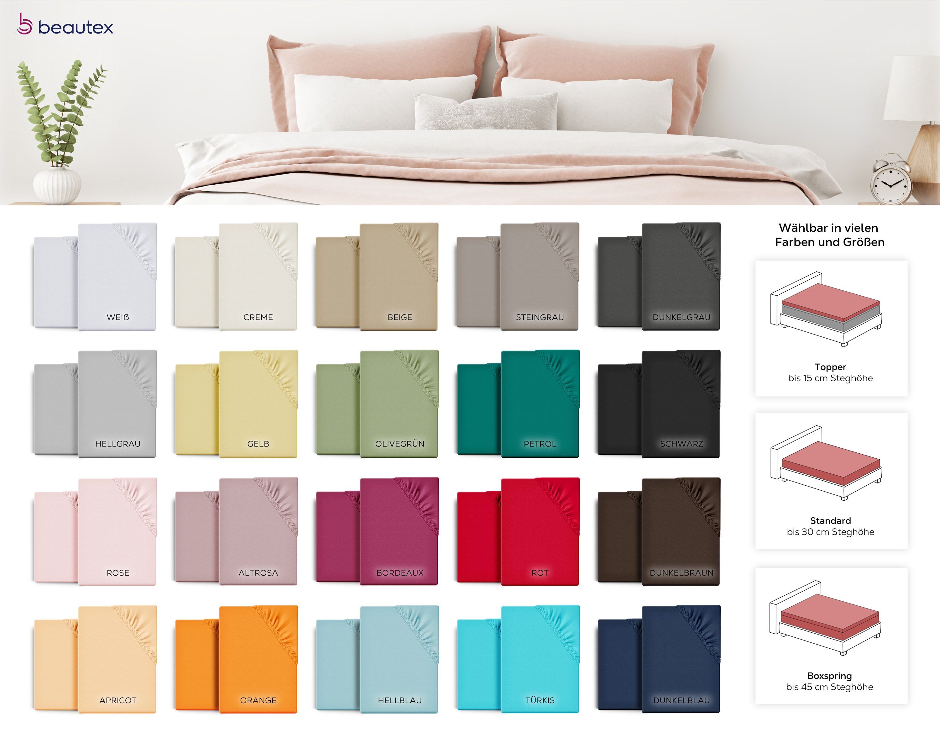 Spannbettlaken 2er Set Spannbetttuch Bettlaken Premium Baumwolle Jersey 160g/m², Beautex, Jersey, Gummizug: rundum, (2 Stück)