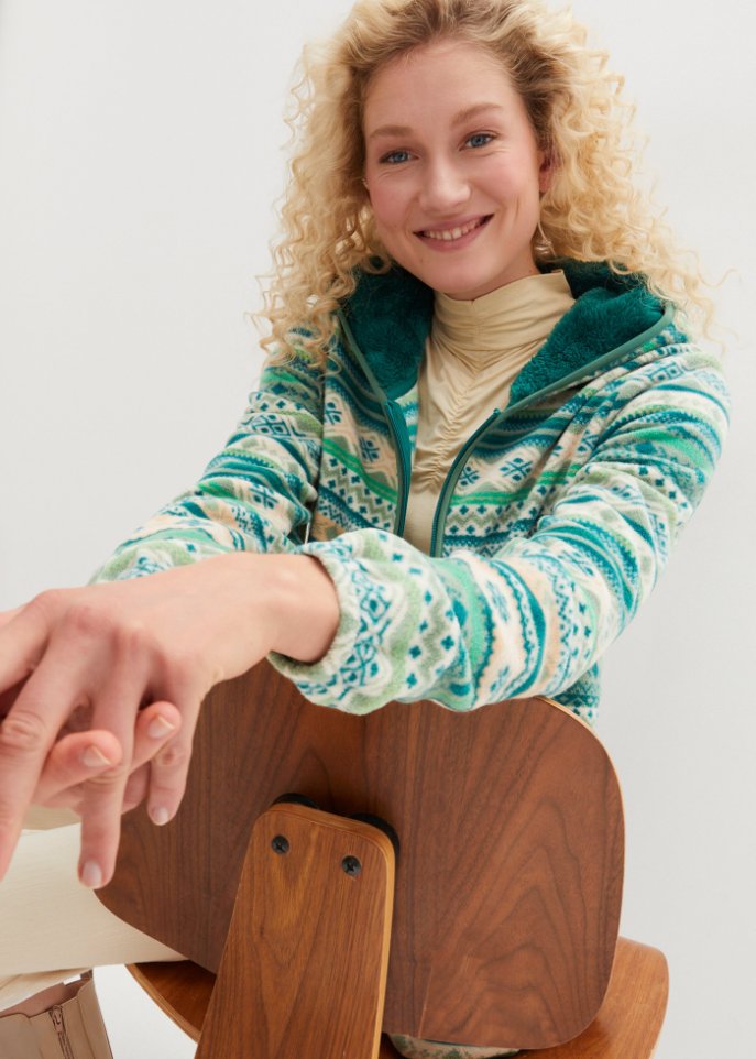 Kapuzen-Fleecejacke mit Norweger-Muster