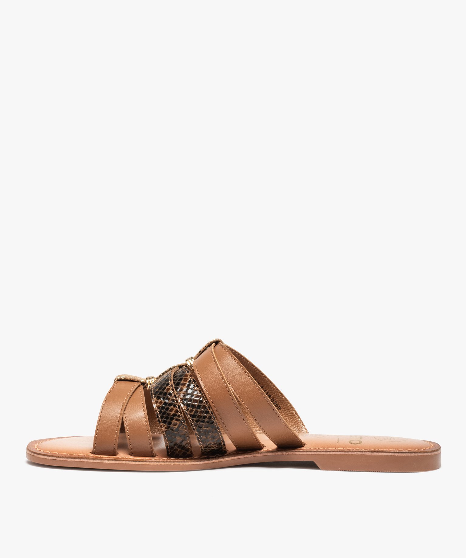 Sandales femme mules plates dessus cuir détails métal marron | GEMO