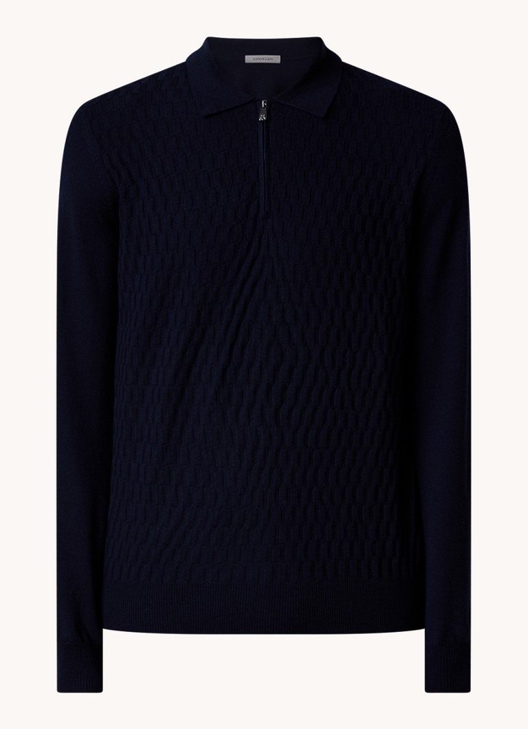 Corneliani Chunky knit virgin wool polo with texture and half zip