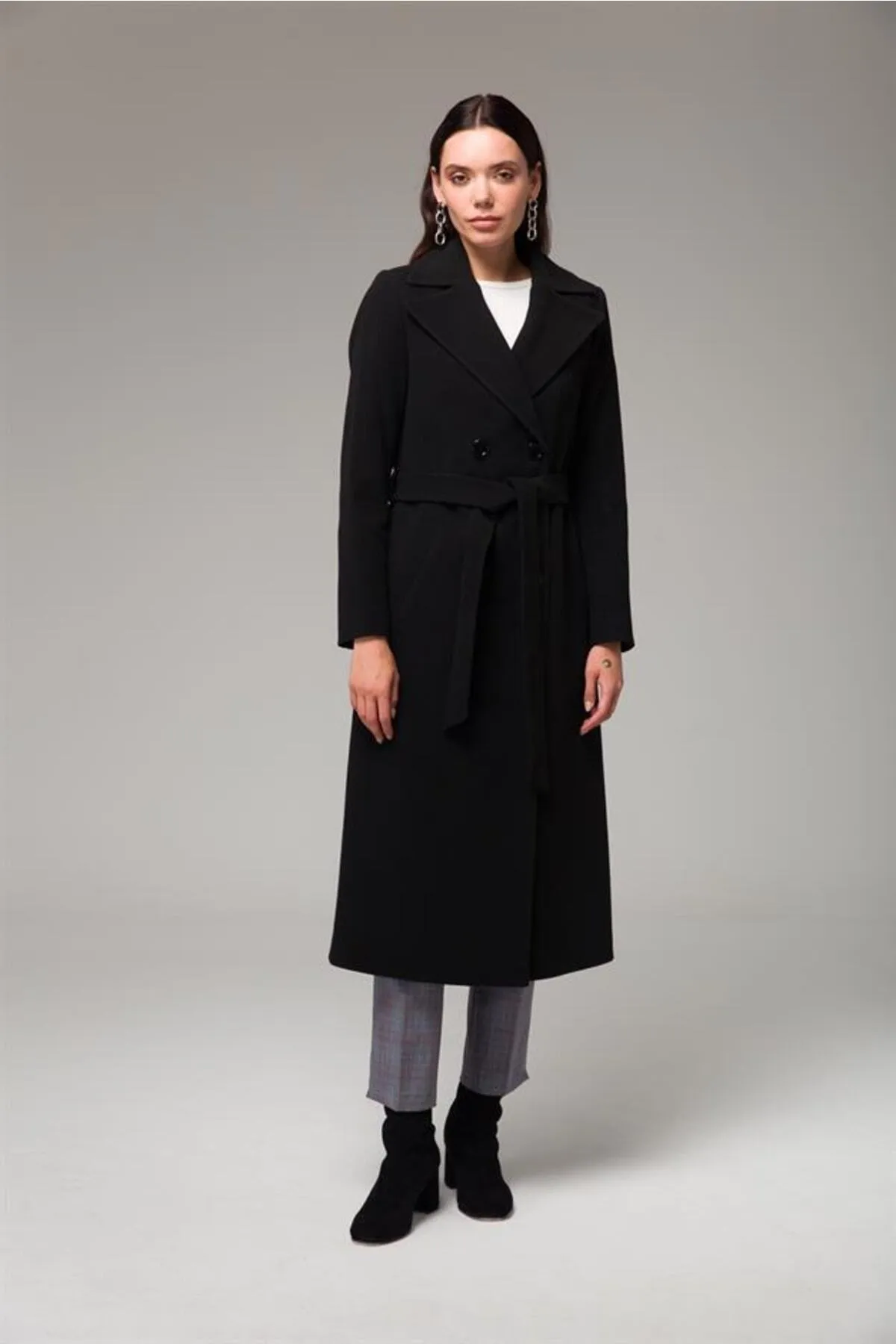 Concept.  Zweireihiger, an der Taille gebundener, mittellanger Mantel, Schwarz 3754
