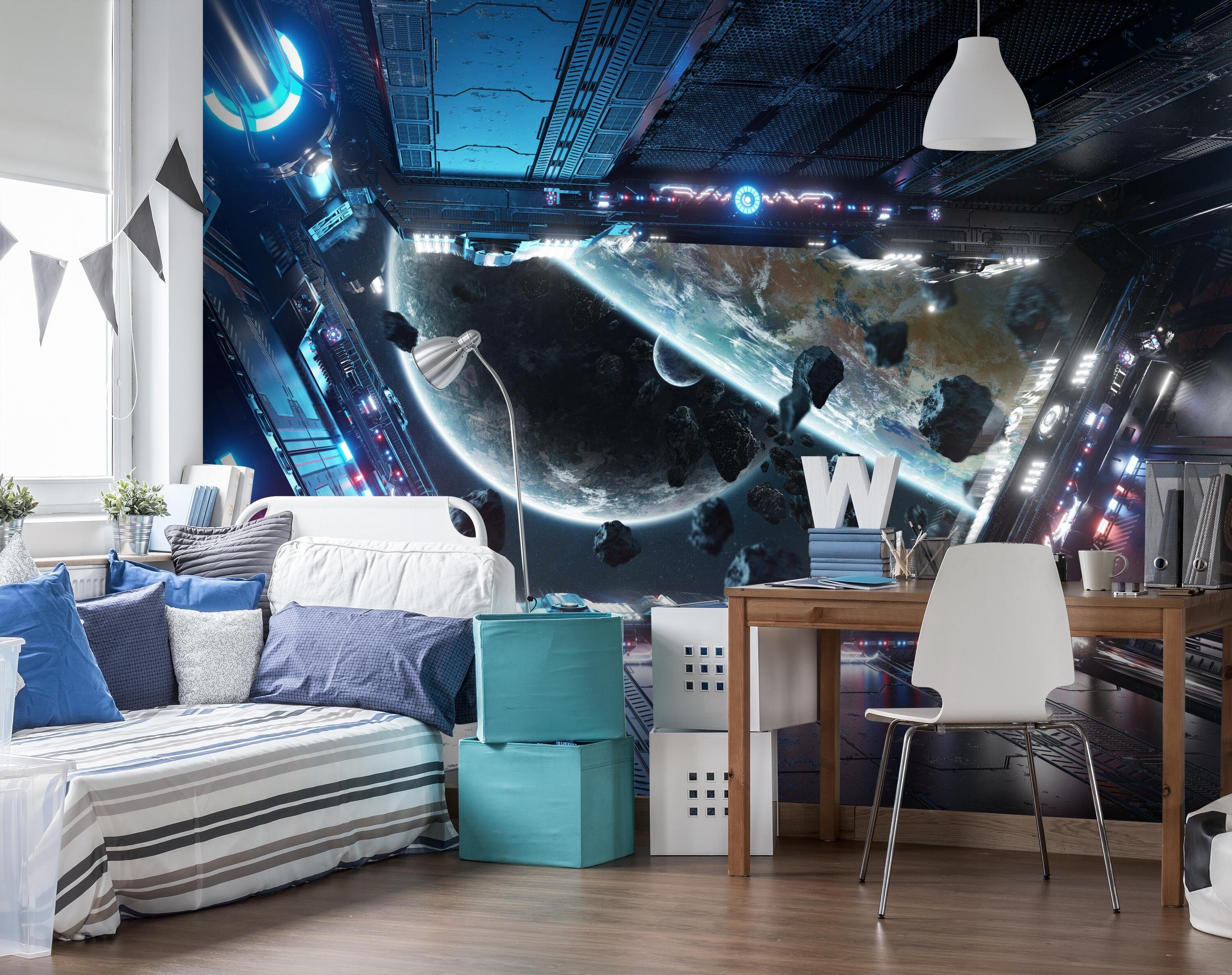 wandmotiv24 Fototapete Raumschiff Weltraum Planeten Science Fic, glatt, Wandtapete, Motivtapete, matt, Vliestapete