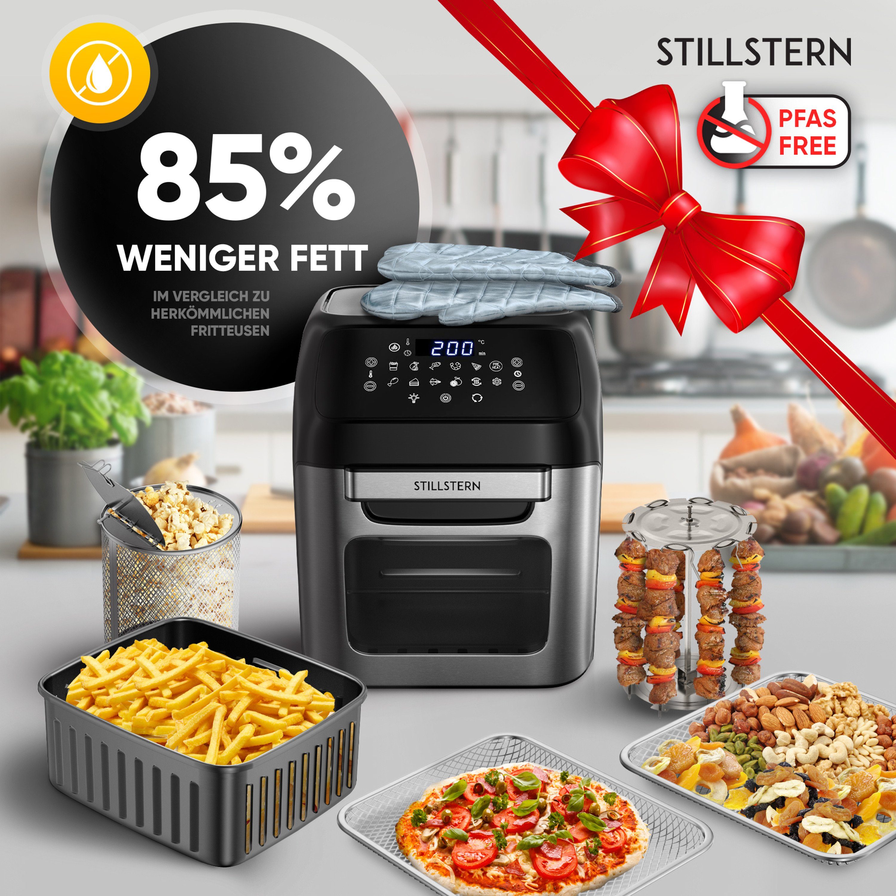 Stillstern Heißluftfritteuse MULTI-FryHD Touch 10.1, 4-in-1 (Frittieren, Backen, Dörren & Grillen), 12L mit 12 Kochprogramme, Vorheizen & Warmhalten