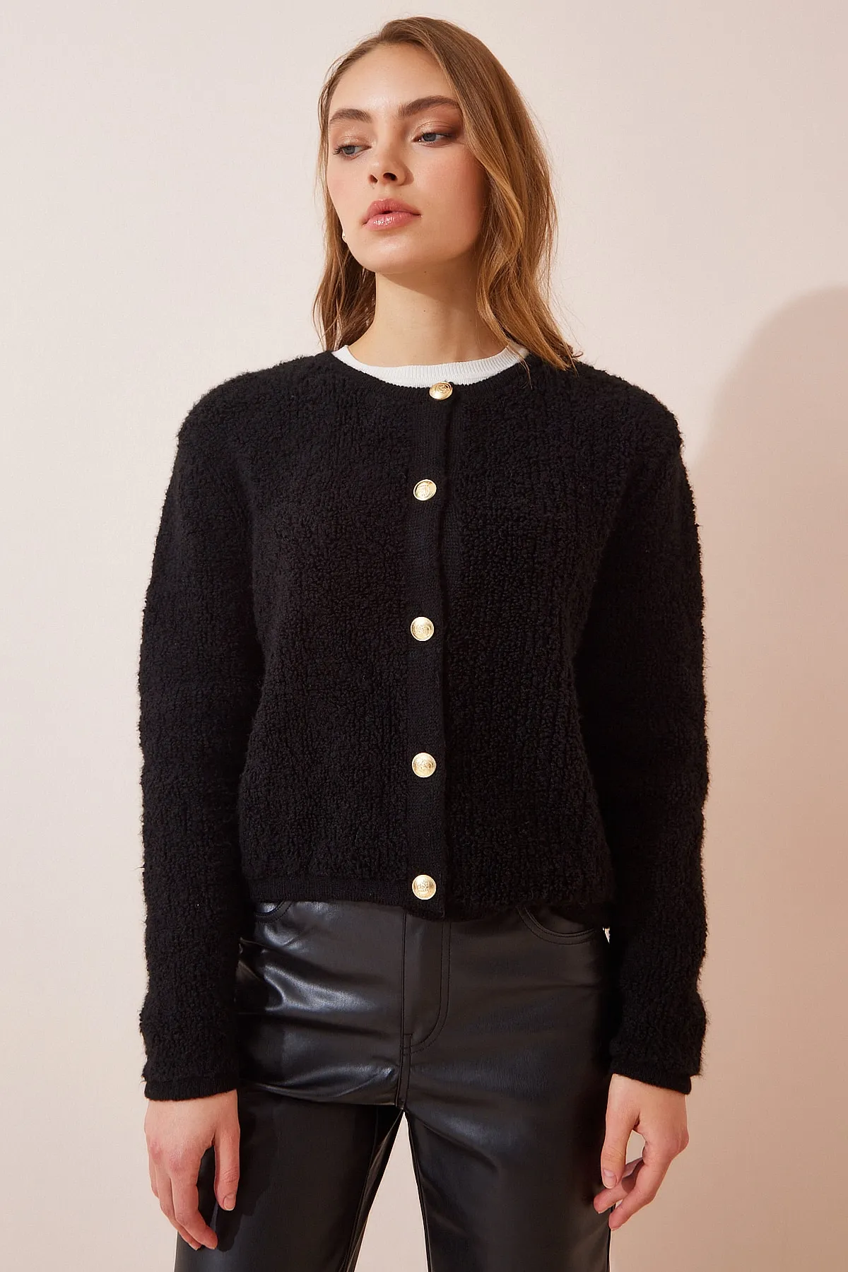 Happiness İstanbul  Schwarze Bouclé-Strickjacke für Damen, Cardigan YY00117