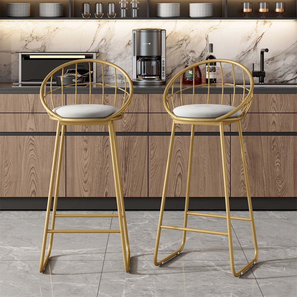XDeer Bartisch Bartisch-Set,Barhocker mit Rückenlehne,Moderner Barstuhl-Set, Grau Samtpolsterung und Gestell aus goldfarbenem Eisen