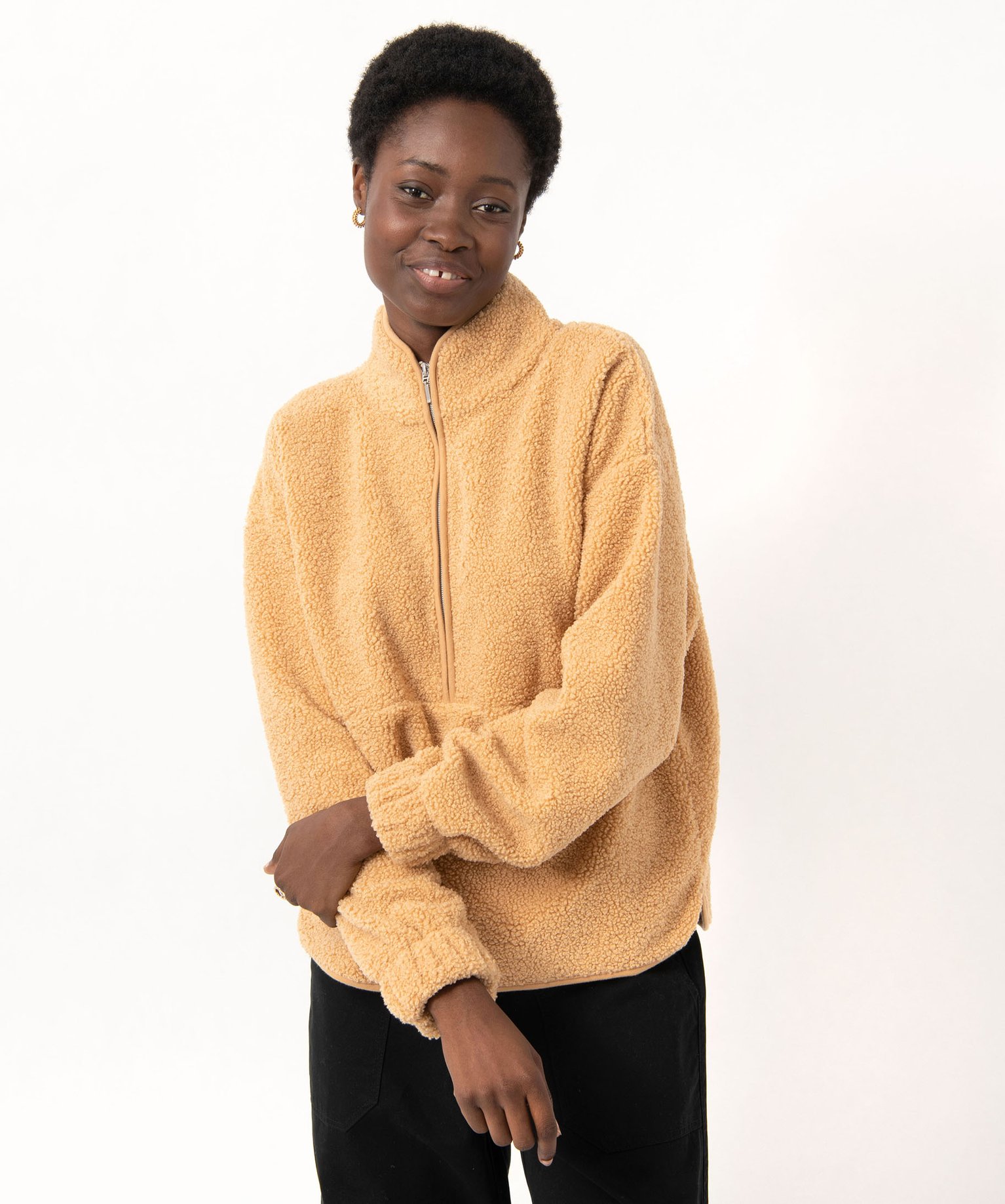 Sweat en maille bouclette avec col zippé femme beige | GEMO