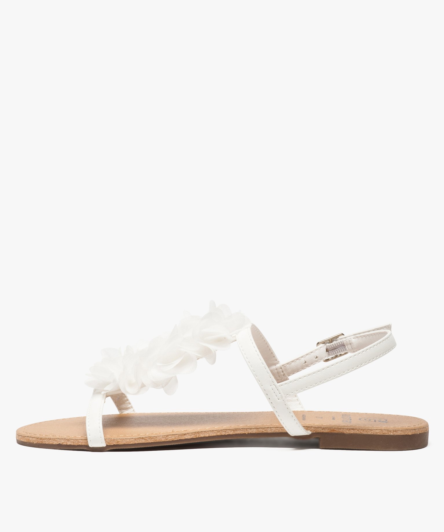 Sandales femme à talon plat ornées de fleurs en tissu blanc | GEMO