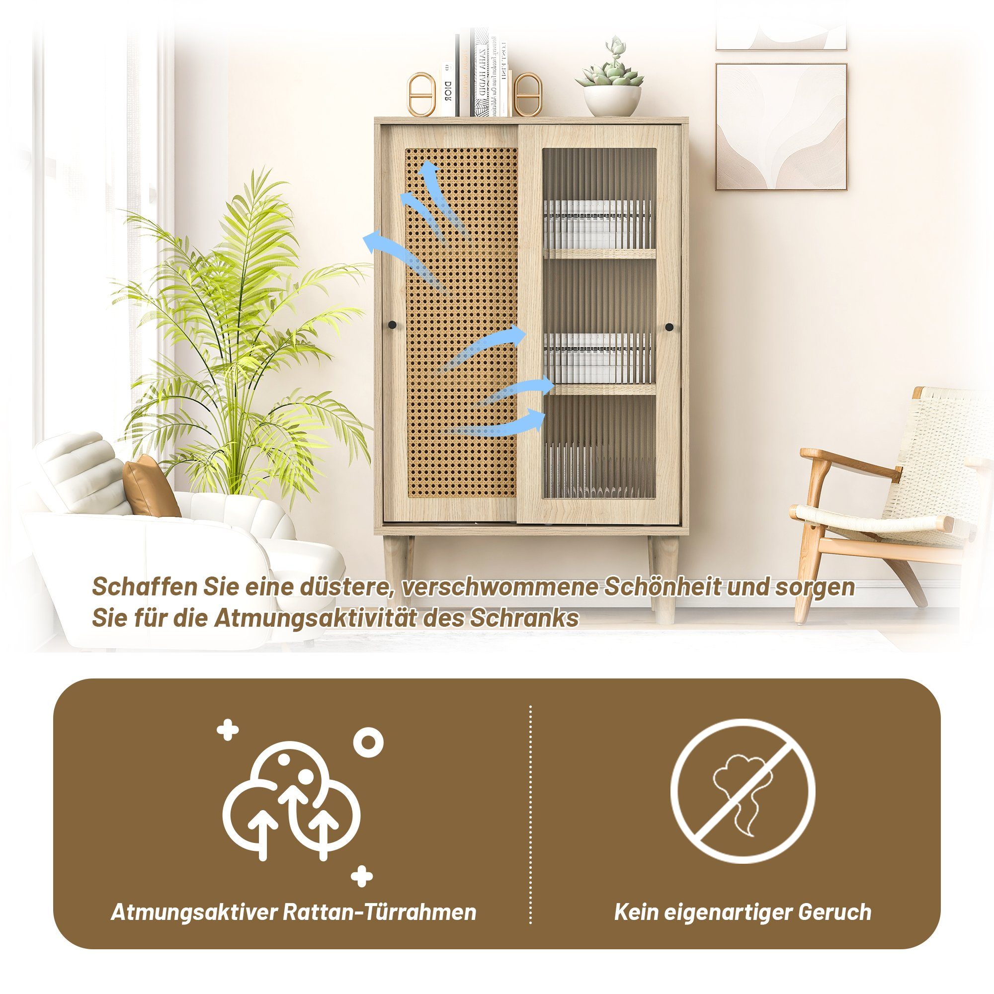 Merax Highboard, mit Glastür und Rattangeflecht, Vitrine Landhaus, Kommode, Sideboard