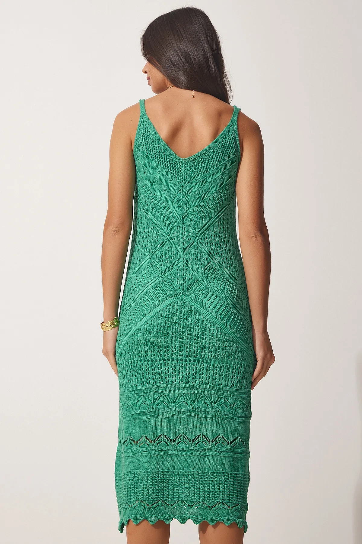 Happiness İstanbul  Grünes, durchbrochenes Sommerstrickkleid mit Trägern für Damen NS00385
