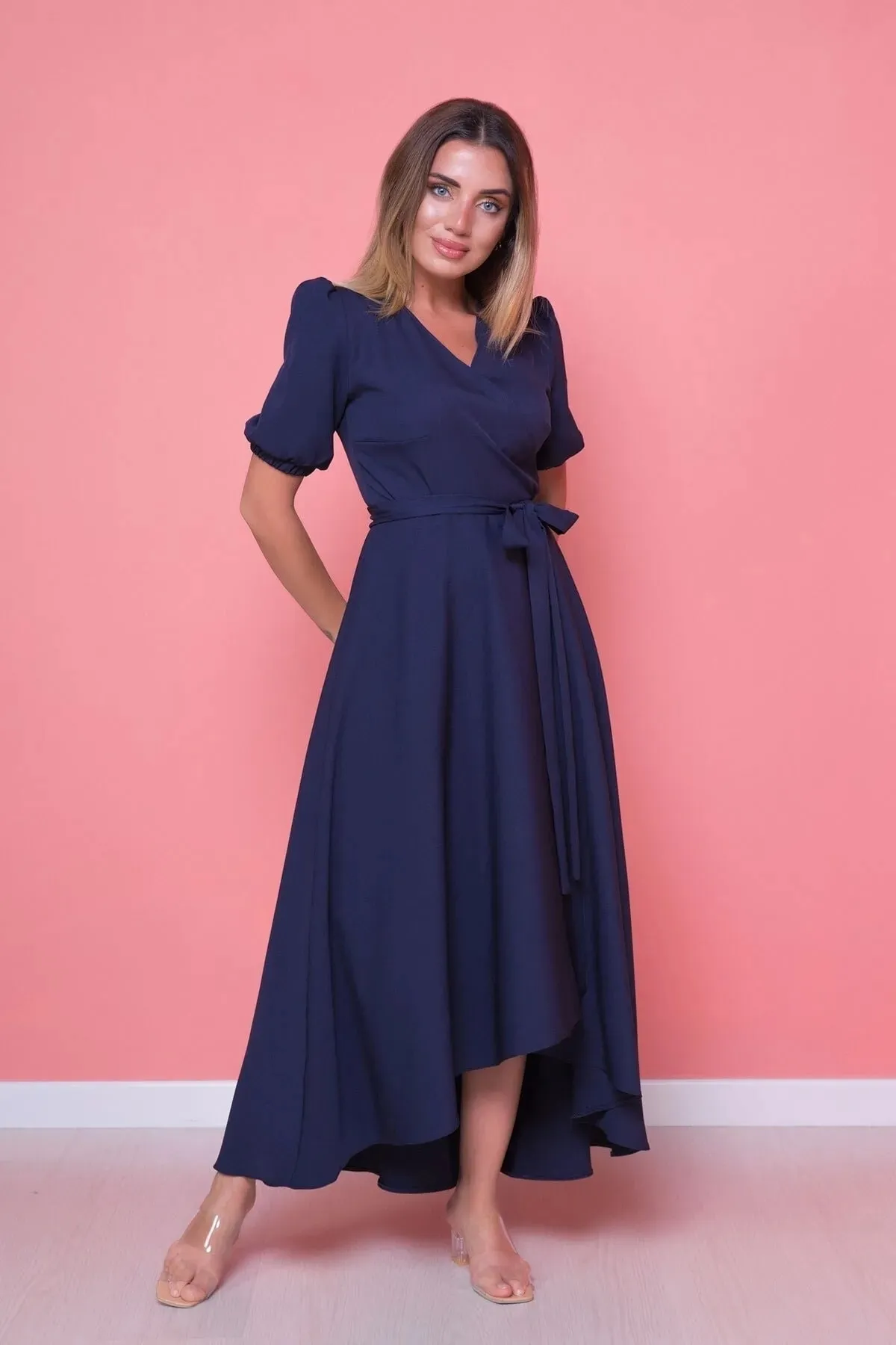 lovebox  Damen-Kleid aus flexiblem Atlas-Stoff mit Gürtel, asymmetrischem Schnitt, Midi-Länge, zweireihiger Kragen, marineblaues ausgestelltes Kleid 410