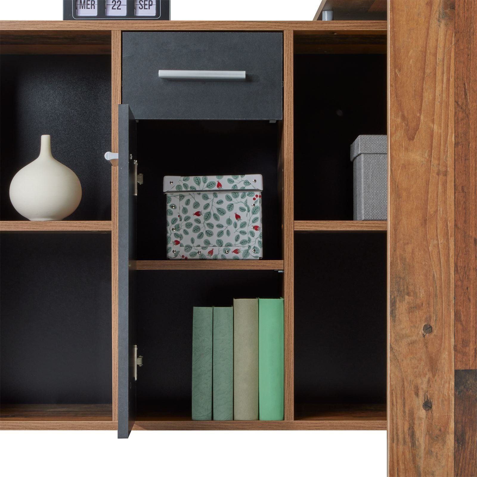 CARO-Möbel Eckschreibtisch DIEGO, Eckschreibtisch mit Regal Büro Arbeits Winkelschreibtisch Old Style/Be