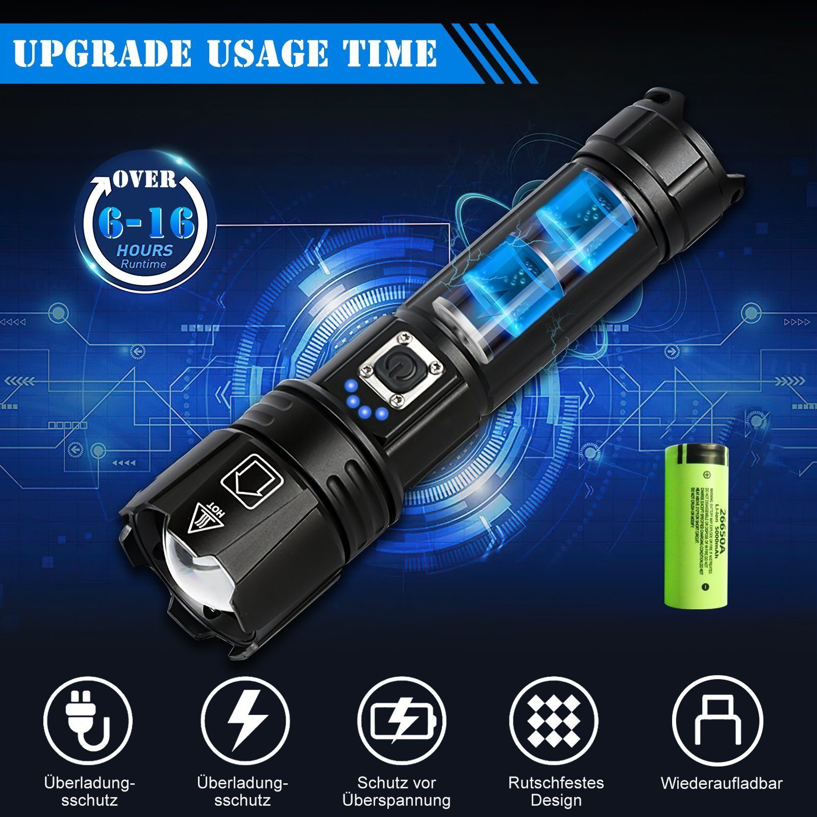 MDHAND Taschenlampe LED Aufladbar mit 5000 mAh AKKU 5 Beleuchtungsmodi IPX4 Wasserdicht, für Camping, Angeln, Outdoor und Notfälle